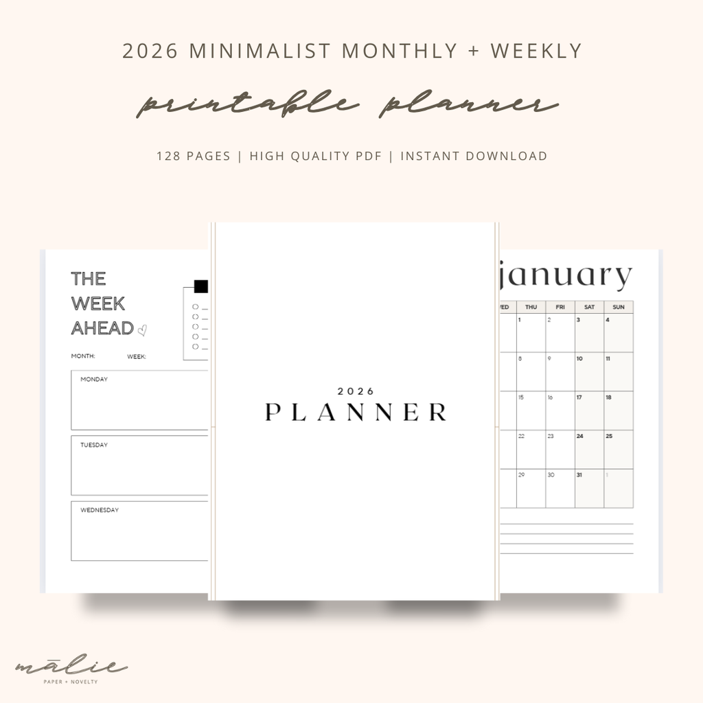 2026 Minimalist Monthly + Weekly Planner | Printable PDF | Instant Download