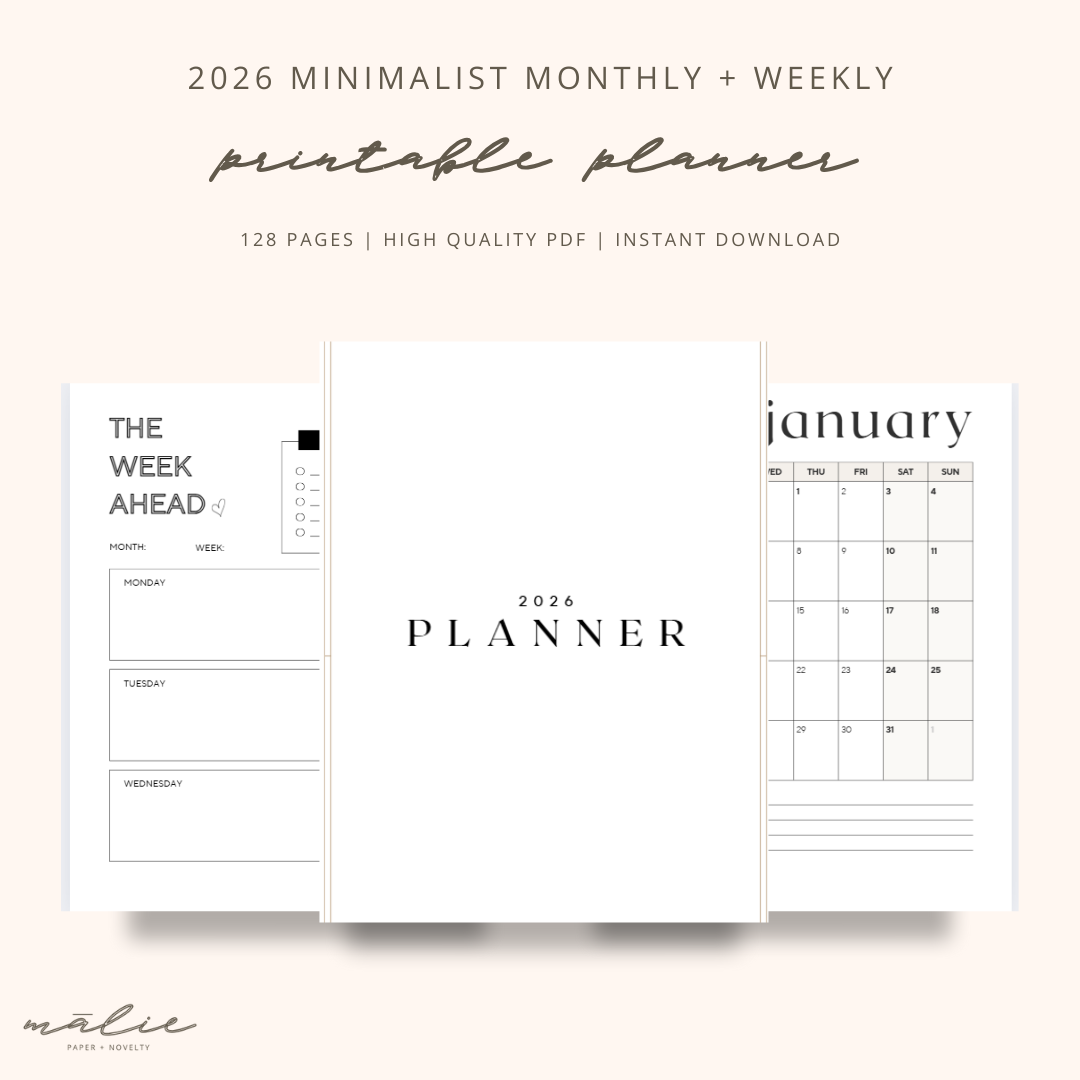2026 Minimalist Monthly + Weekly Planner | Printable PDF | Instant Download